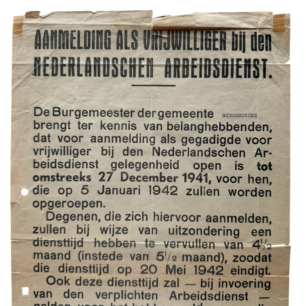 Originele WWII Nederlandsche Arbeidsdienst N.A.D. aanmeldingsposter 1941 Schoondijke in Zeeland, ondertekend door burgemeester François Aarnout van Rosevelt