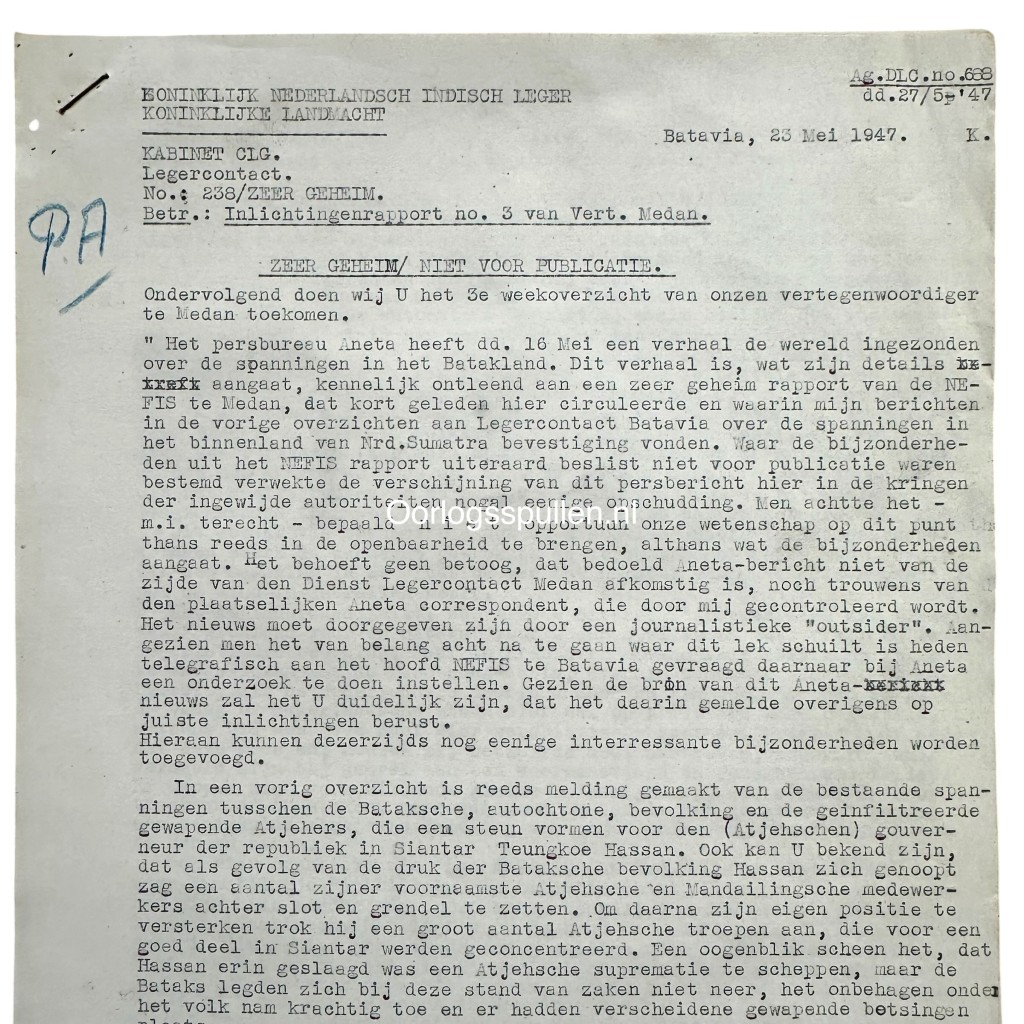 Original 1947 Dutch KNIL top secret intelligence report from the Dutch East Indies