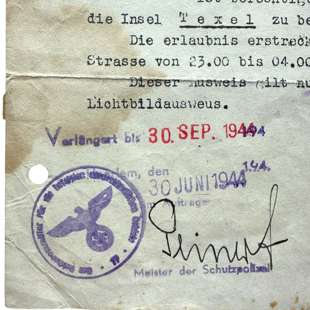 Original WWII German acces permit Texel - Alkmaar - Den Helder