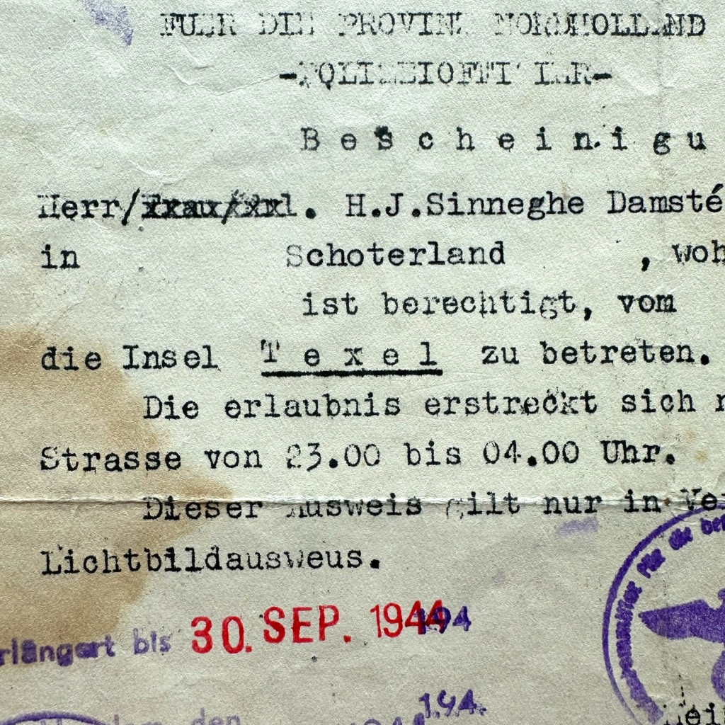 Original WWII German acces permit Texel - Alkmaar - Den Helder