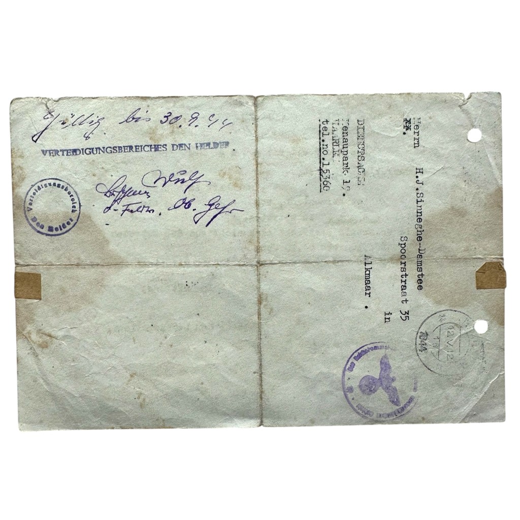 Original WWII German acces permit Texel - Alkmaar - Den Helder