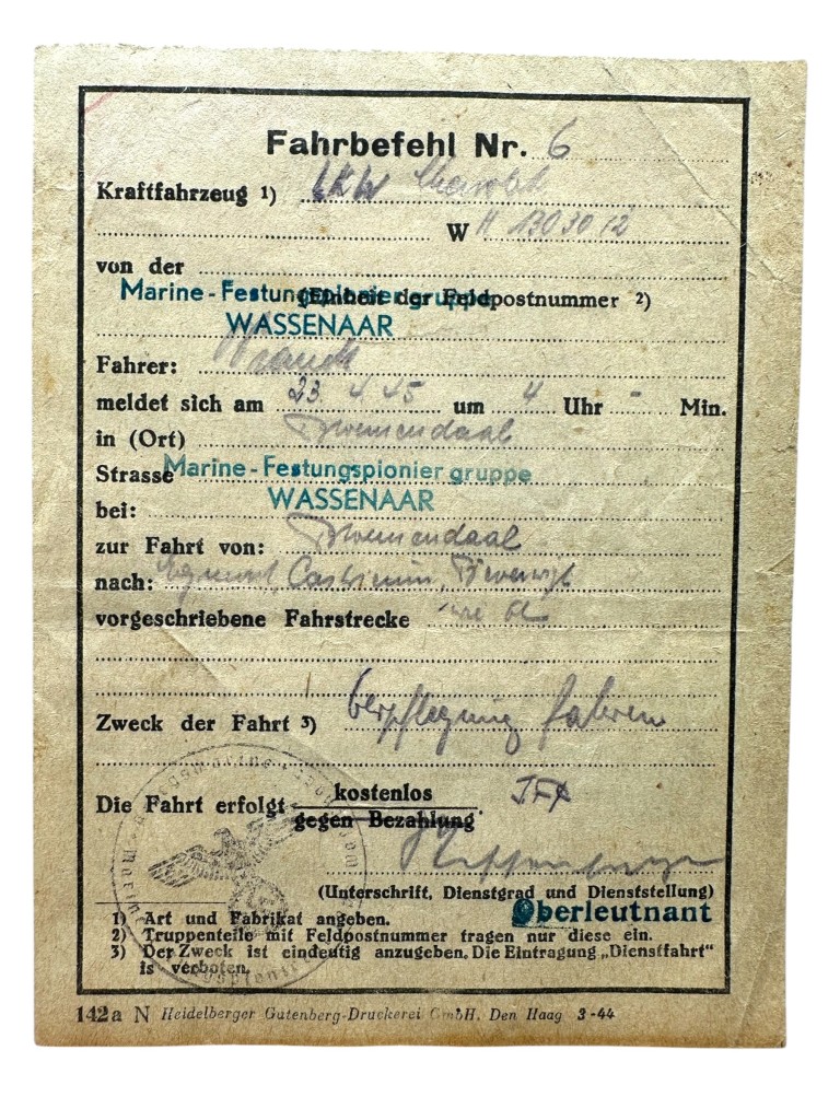 Original WWII German documents Marine-Festungspioniergruppe Wassenaar