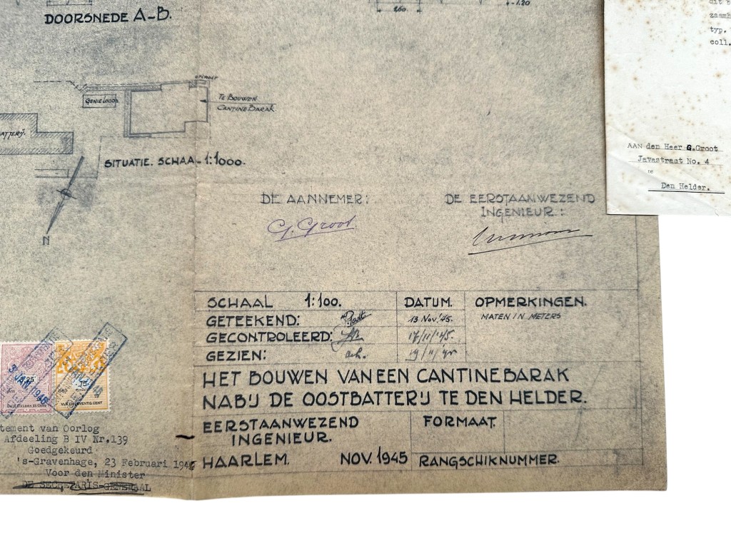 Original 1945-1946 Dutch Army Engineers document set concerning the reconstruction of the Cantinebarak near the Oostbatterij in Den Helder