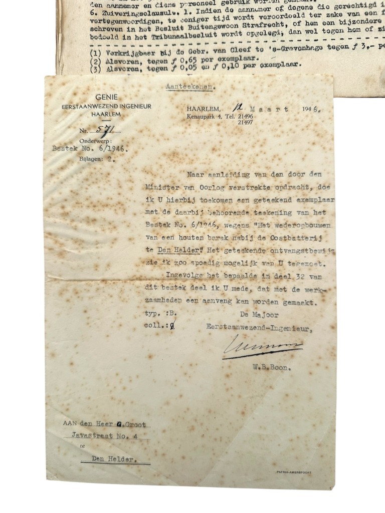 Original 1945-1946 Dutch Army Engineers document set concerning the reconstruction of the Cantinebarak near the Oostbatterij in Den Helder - Image 6
