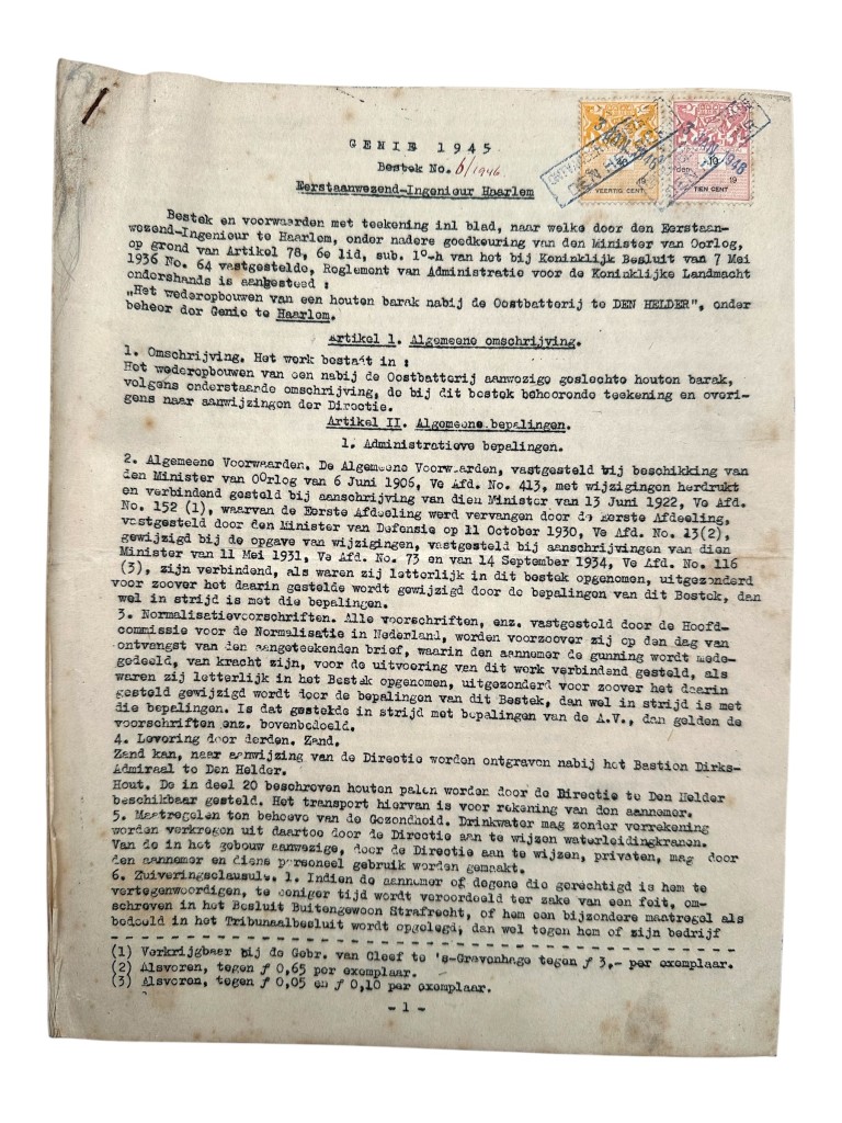 Original 1945-1946 Dutch Army Engineers document set concerning the reconstruction of the Cantinebarak near the Oostbatterij in Den Helder - Image 8