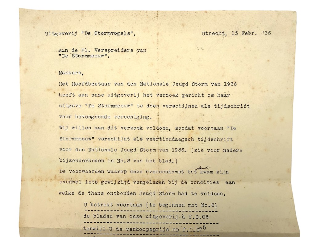 Origineel Nederlands Nationale Jeugdstorm document 1936 De Stormmeeuw Uitgeverij De Stormvogels NSB jeugdorganisatie historisch verzamelobject