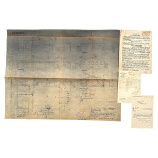 Origineel Nederlands Genie documenten set wederopbouw Cantinebarak Oostbatterij Den Helder 1945-1946 met bouwtekening, bestek, correspondentie en fiscale zegels voor verzamelaars