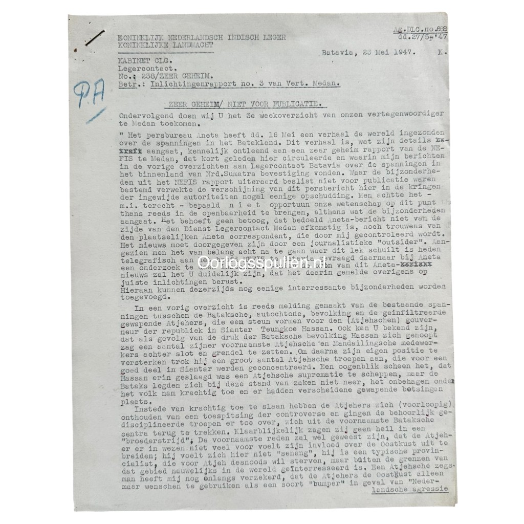 Origineel KNIL Zeer Geheim Inlichtingenrapport no. 3 Medan Batavia 23 mei 1947 met NEFIS, Atjeh, Batakland en Noord-Sumatra voor verzamelaars van Nederlands-Indië en militaire documenten.