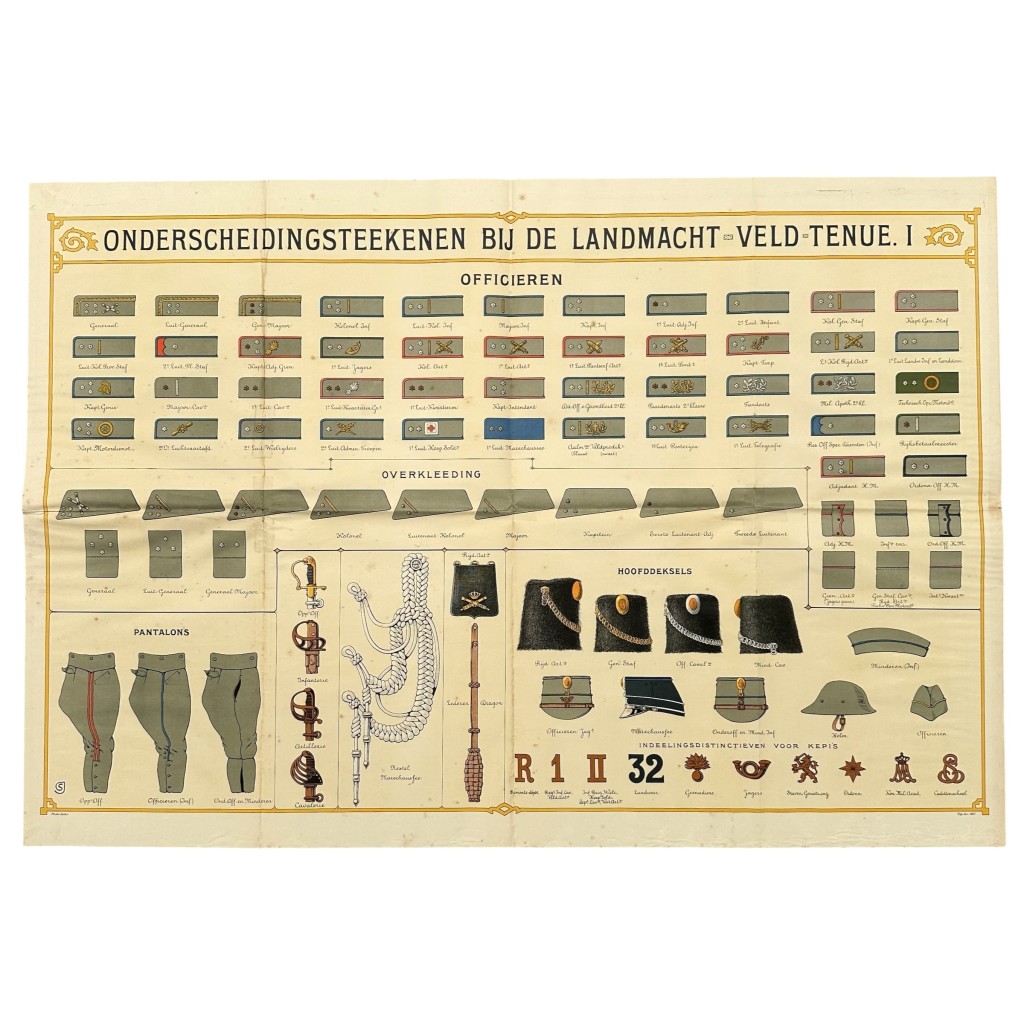 Originele Pre 1940 Nederlands leger poster 'Onderscheidingsteekenen bij de Landmacht Veld-Tenue I' 95 x 65 cm voor verzamelaars van Nederlandse militaria.
