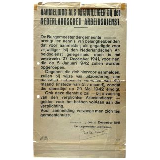 Originele WWII Nederlandsche Arbeidsdienst N.A.D. aanmeldingsposter 1941 Schoondijke in Zeeland, ondertekend door burgemeester François Aarnout van Rosevelt