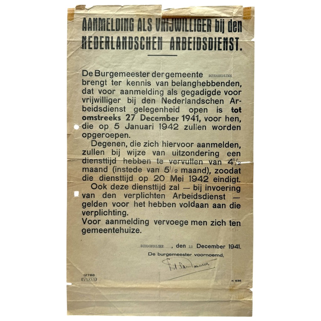 Originele WWII Nederlandsche Arbeidsdienst N.A.D. aanmeldingsposter 1941 Schoondijke in Zeeland, ondertekend door burgemeester François Aarnout van Rosevelt