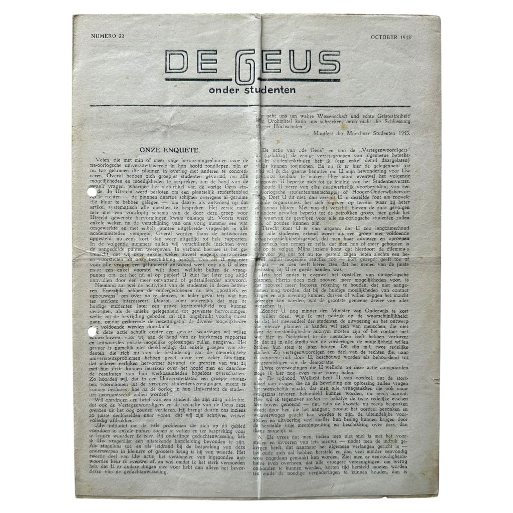Originele WWII Nederlandse verzetskrant De Geus onder Studenten oktober 1943 Raad van Negen studentenverzet clandestiene uitgave Tweede Wereldoorlog.