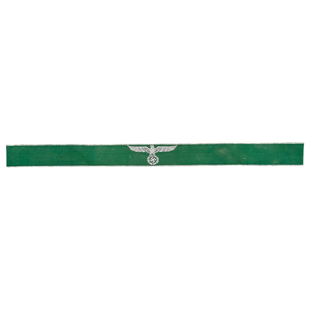 Original WWII German Zollgrenzschutz green cuff title with machine embroidered silver eagle and swastika uniform insignia