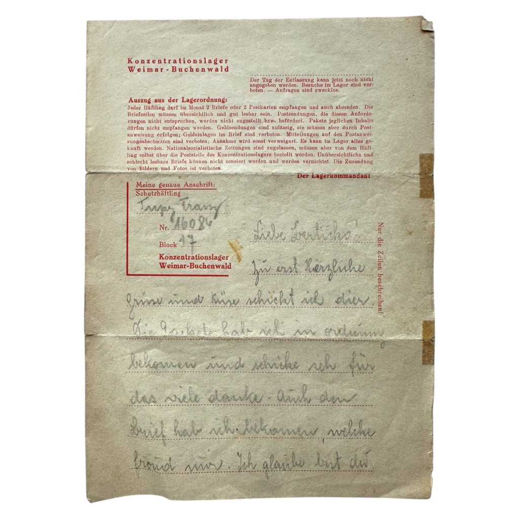 Original WWII German concentration camp letter Buchenwald (Czech prisoner)
