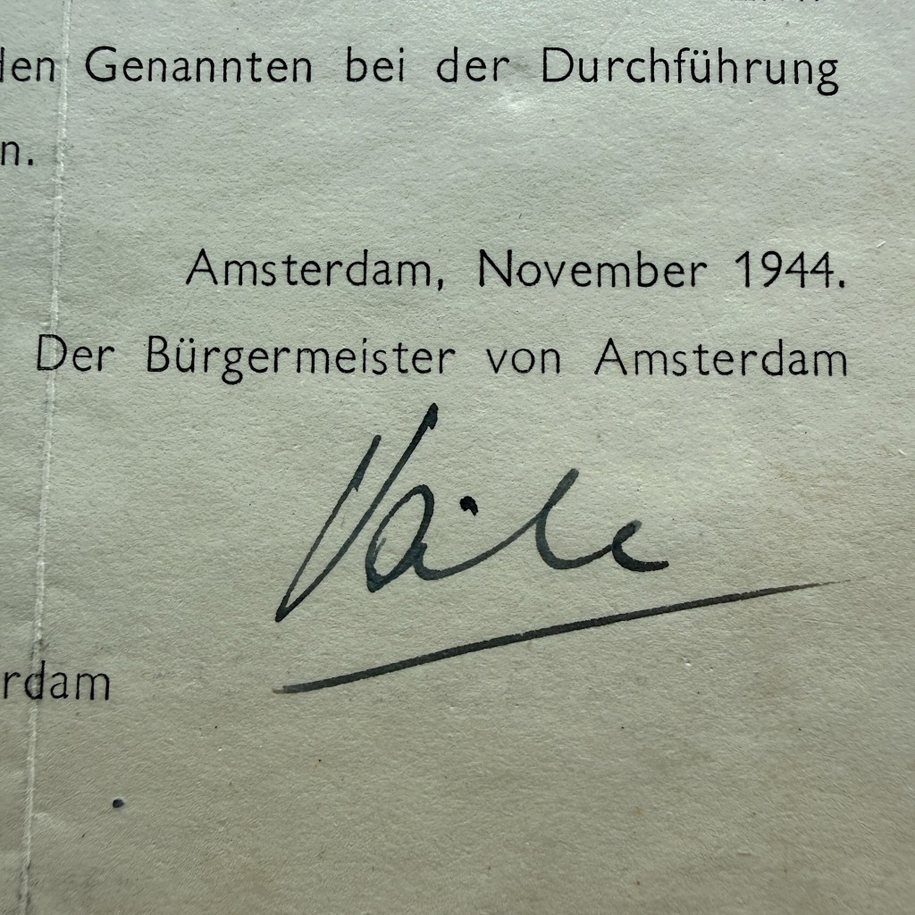 Origineel WWII Duits document Amsterdam 1944 met handtekening Edward Voûte NSB burgemeester Germaansche SS historisch verzamelobject