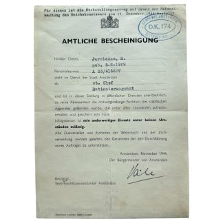 Origineel WWII Duits document Amsterdam 1944 met handtekening Edward Voûte NSB burgemeester Germaansche SS historisch verzamelobject