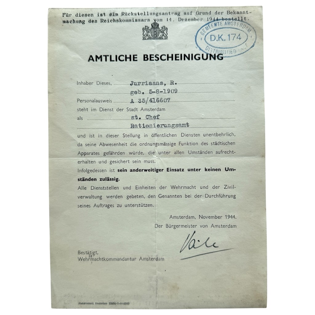 Origineel WWII Duits document Amsterdam 1944 met handtekening Edward Voûte NSB burgemeester Germaansche SS historisch verzamelobject