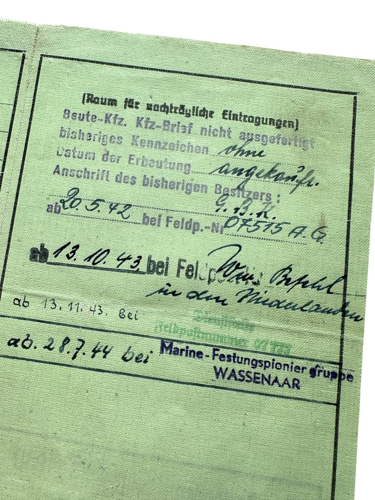 Origineel WWII Duitse Kraftfahrzeugschein en Fahrbefehl Marine-Festungspioniergruppe Wassenaar 1942-1945 Henschel LKW Wehrmacht documenten Feldpost 07515 A.G.