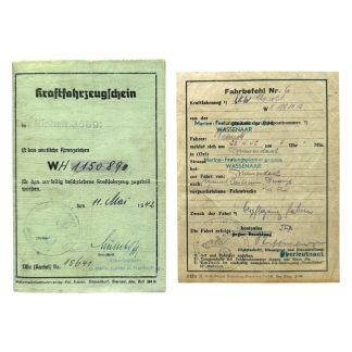 Origineel WWII Duitse Kraftfahrzeugschein en Fahrbefehl Marine-Festungspioniergruppe Wassenaar 1942-1945 Henschel LKW Wehrmacht documenten Feldpost 07515 A.G.