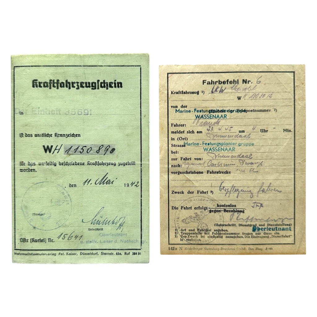 Origineel WWII Duitse Kraftfahrzeugschein en Fahrbefehl Marine-Festungspioniergruppe Wassenaar 1942-1945 Henschel LKW Wehrmacht documenten Feldpost 07515 A.G.