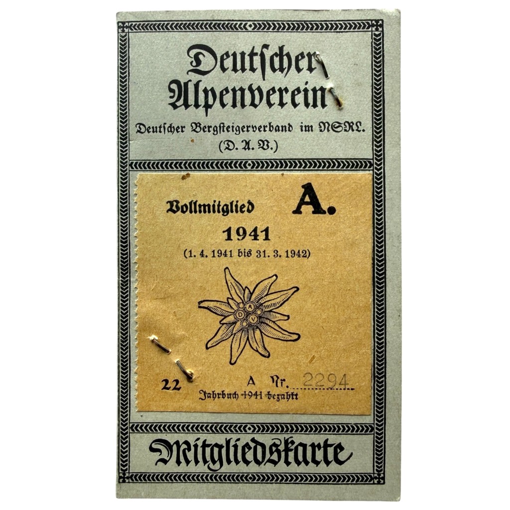 Original WWII German membership card of the Deutscher Alpenverein (DAV)