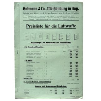 Original WWII German price list issued by Gutmann & Co. of Weißenburg in Bayern for Luftwaffe uniform insignia