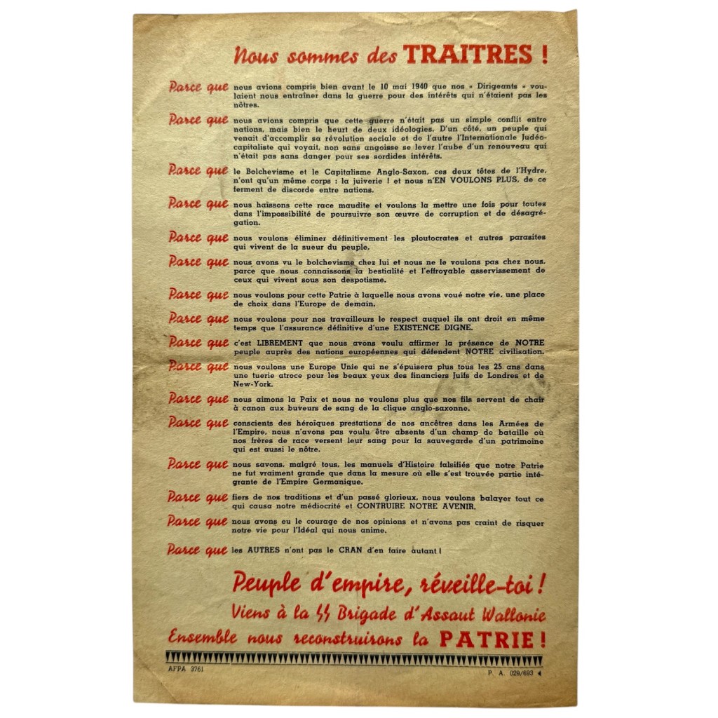 Original WWII Walloon Waffen-SS volunteer flyer