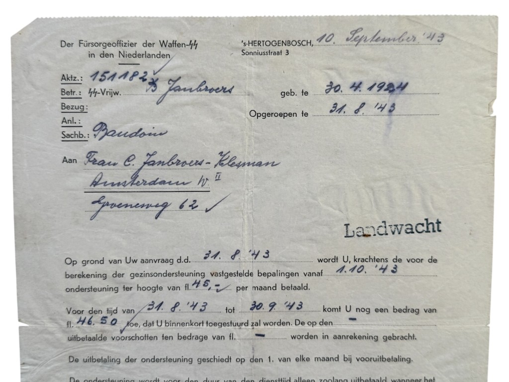 Original WWII Dutch Waffen-SS 'Fürsorge' document Amsterdam - 's-Hertogenbosch - Image 2
