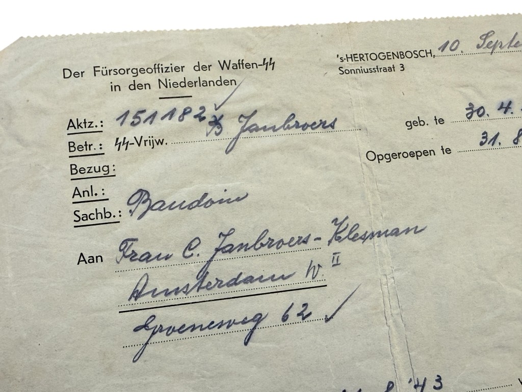Original WWII Dutch Waffen-SS 'Fürsorge' document Amsterdam - 's-Hertogenbosch - Image 4