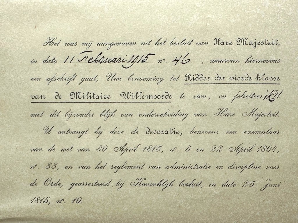 Original 1915 Dutch KNIL two official appointment documents relating to the appointment of Captain F.P.A. van Gheel Gildemeester of the Royal Netherlands East Indies Army Marechaussee Corps as Knight 4th Class of the Military William Order - Image 5