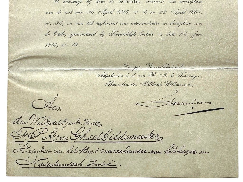 Original 1915 Dutch KNIL two official appointment documents relating to the appointment of Captain F.P.A. van Gheel Gildemeester of the Royal Netherlands East Indies Army Marechaussee Corps as Knight 4th Class of the Military William Order - Image 6
