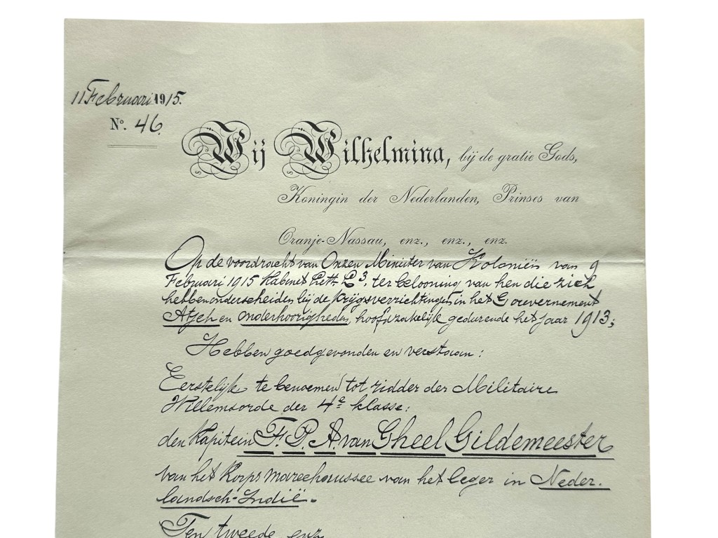 Original 1915 Dutch KNIL two official appointment documents relating to the appointment of Captain F.P.A. van Gheel Gildemeester of the Royal Netherlands East Indies Army Marechaussee Corps as Knight 4th Class of the Military William Order - Image 7