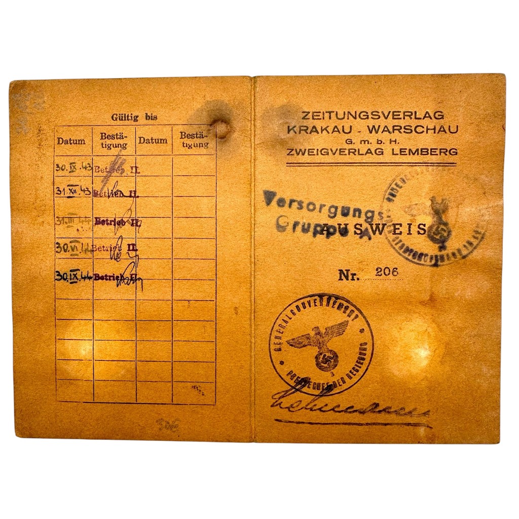 Original WWII German Ausweis issued in occupied Poland for an employee of the Zeitungsverlag Krakau-Warschau G.m.b.H., Zweigverlag Lemberg - Image 2