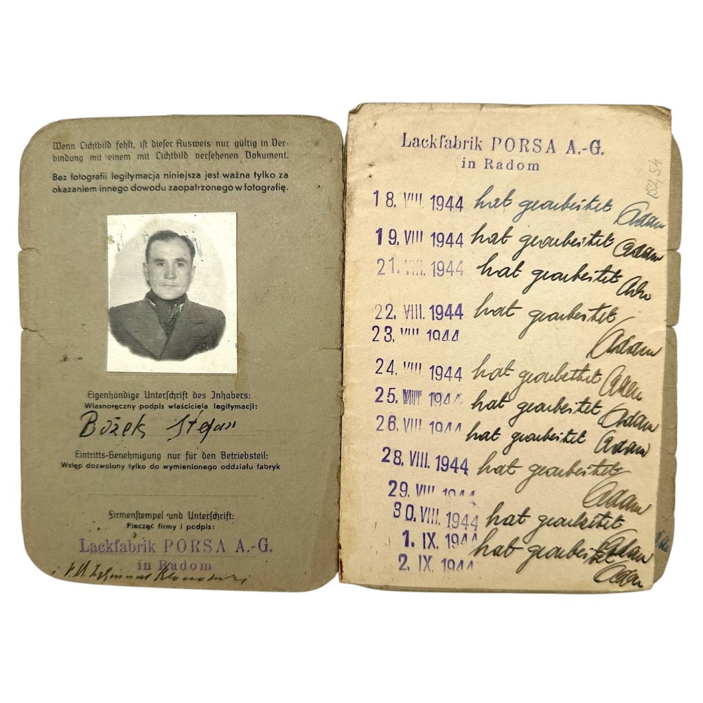Original WWII German Ausweis issued in occupied Poland for an employee of Lackfabrik 'PORSA' A.G. in Radom - Krakau - Image 2