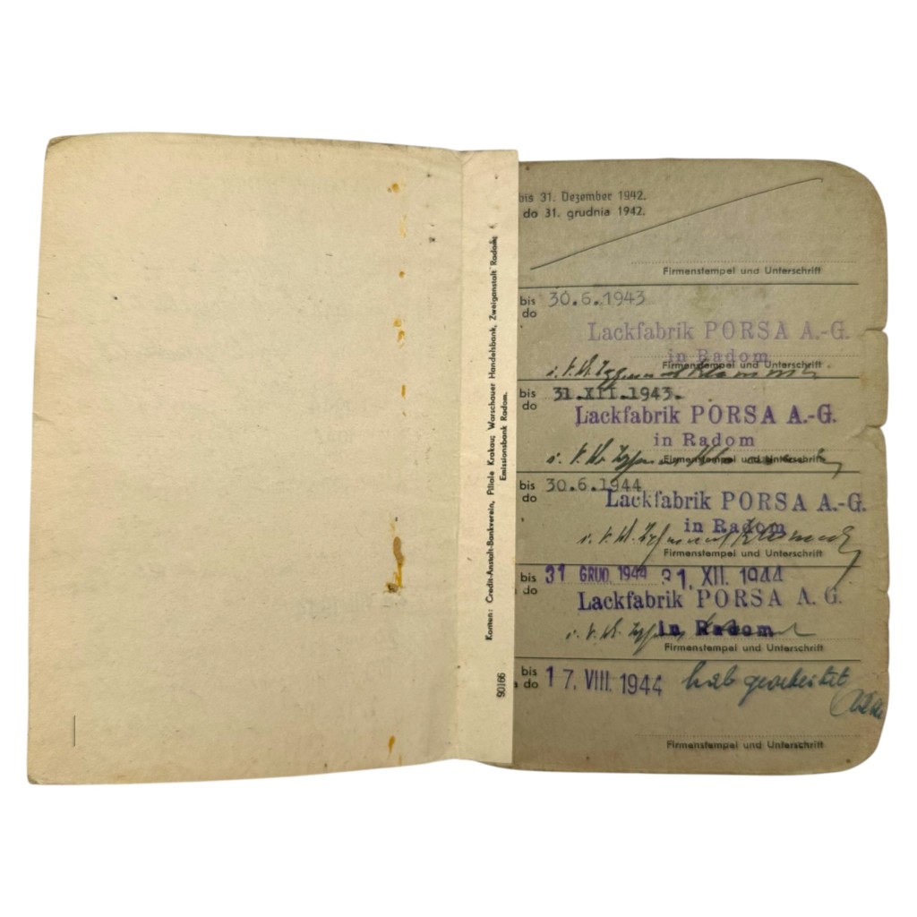 Original WWII German Ausweis issued in occupied Poland for an employee of Lackfabrik 'PORSA' A.G. in Radom - Krakau - Image 3