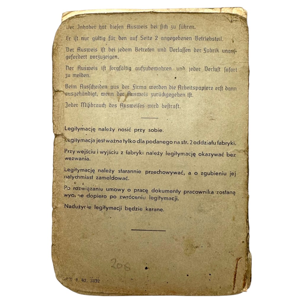 Original WWII German Ausweis issued in occupied Poland for an employee of Lackfabrik 'PORSA' A.G. in Radom - Krakau - Image 4