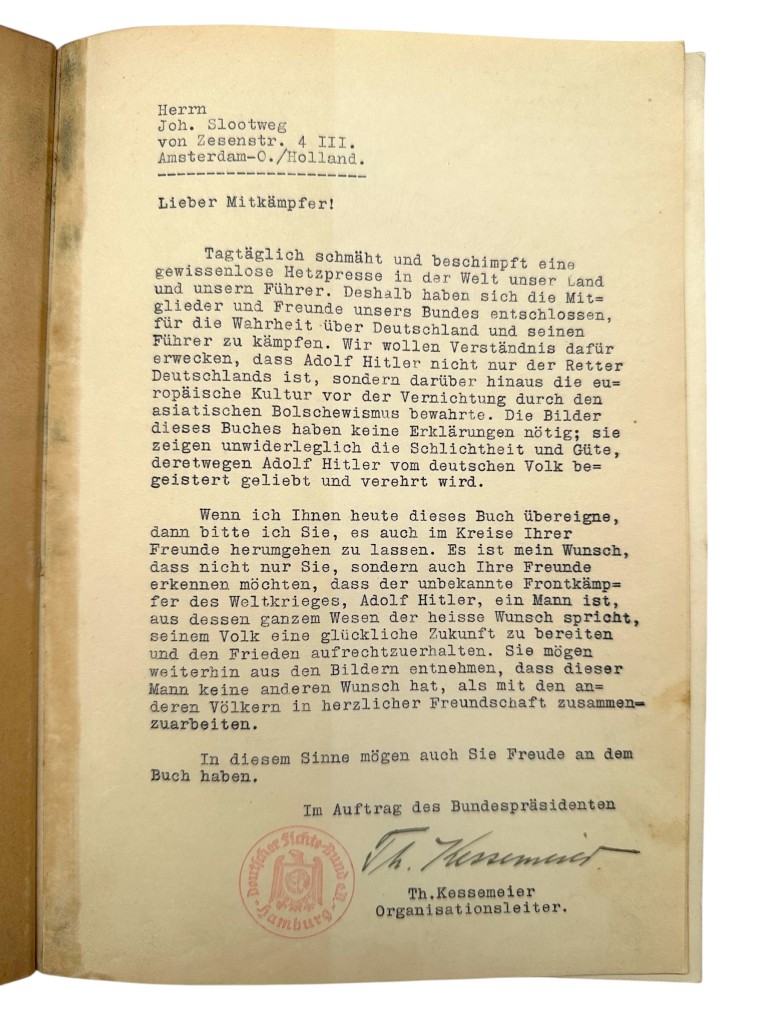 Original 1937 German book 'Hitler Abseits vom Alltag', published by Verlag und Vertriebs-Gesellschaft Berlin send to Amsterdam - Image 4