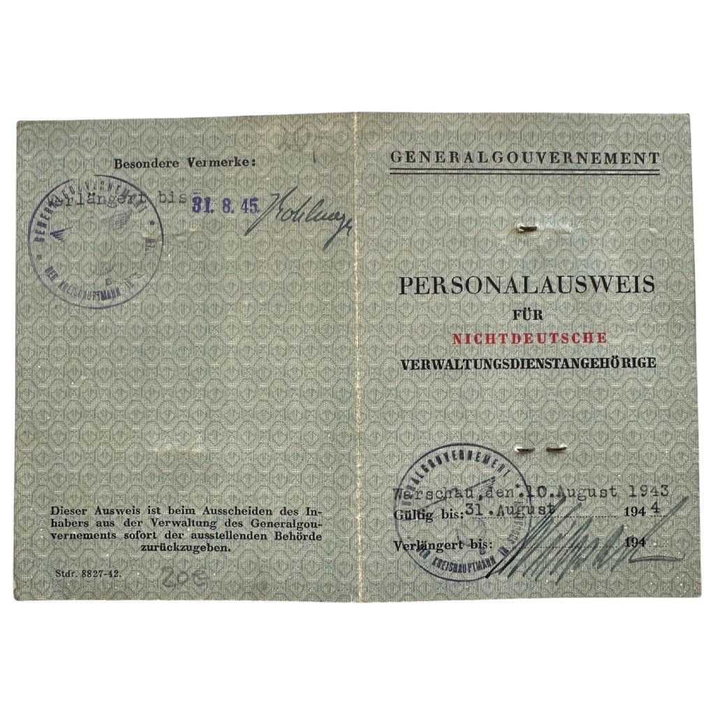 Original WWII German Ausweis from occupied Poland - Warsaw - Bulkowo - Żyrardów