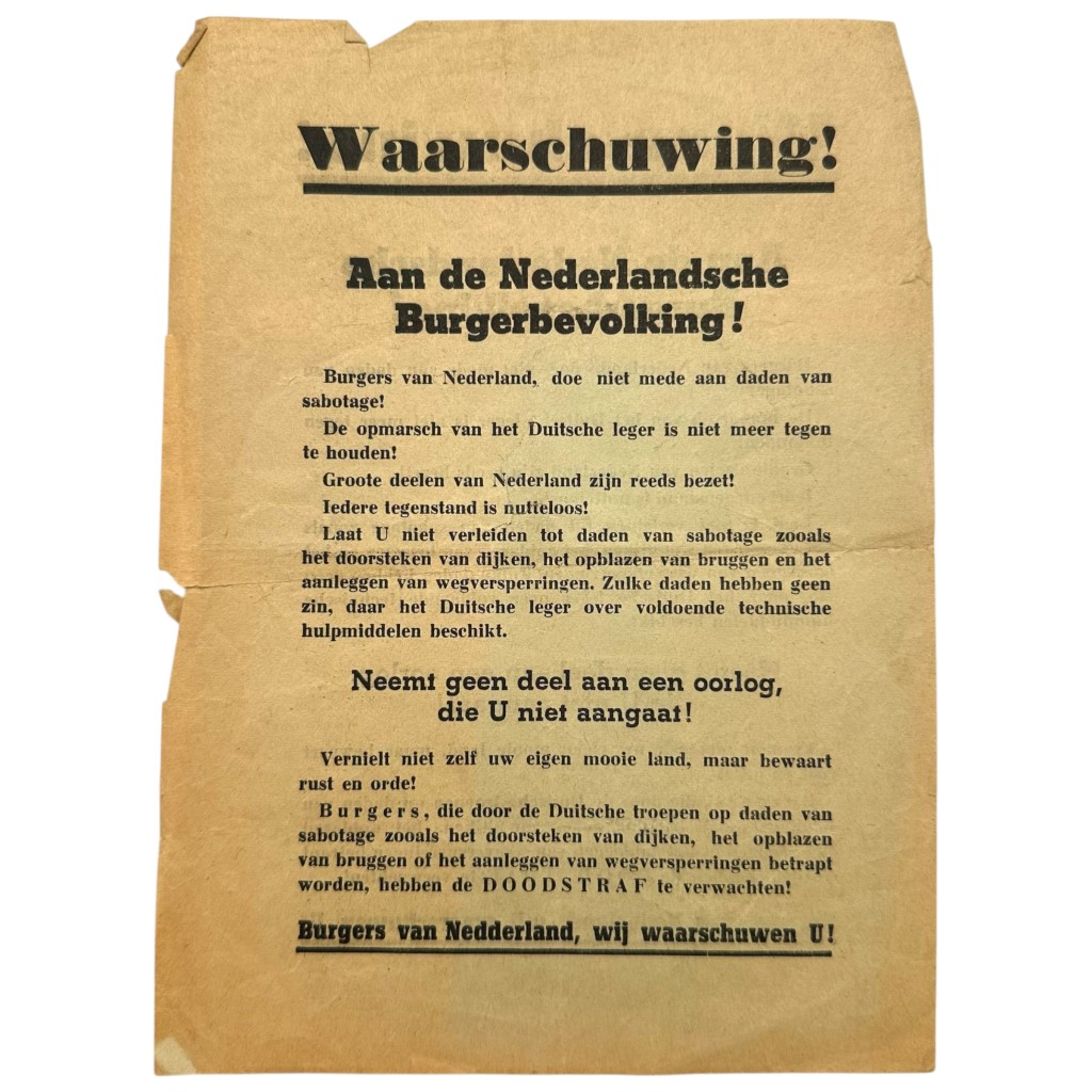 Original WWII German propaganda leaflet issued during the German invasion of the Netherlands in May 1940