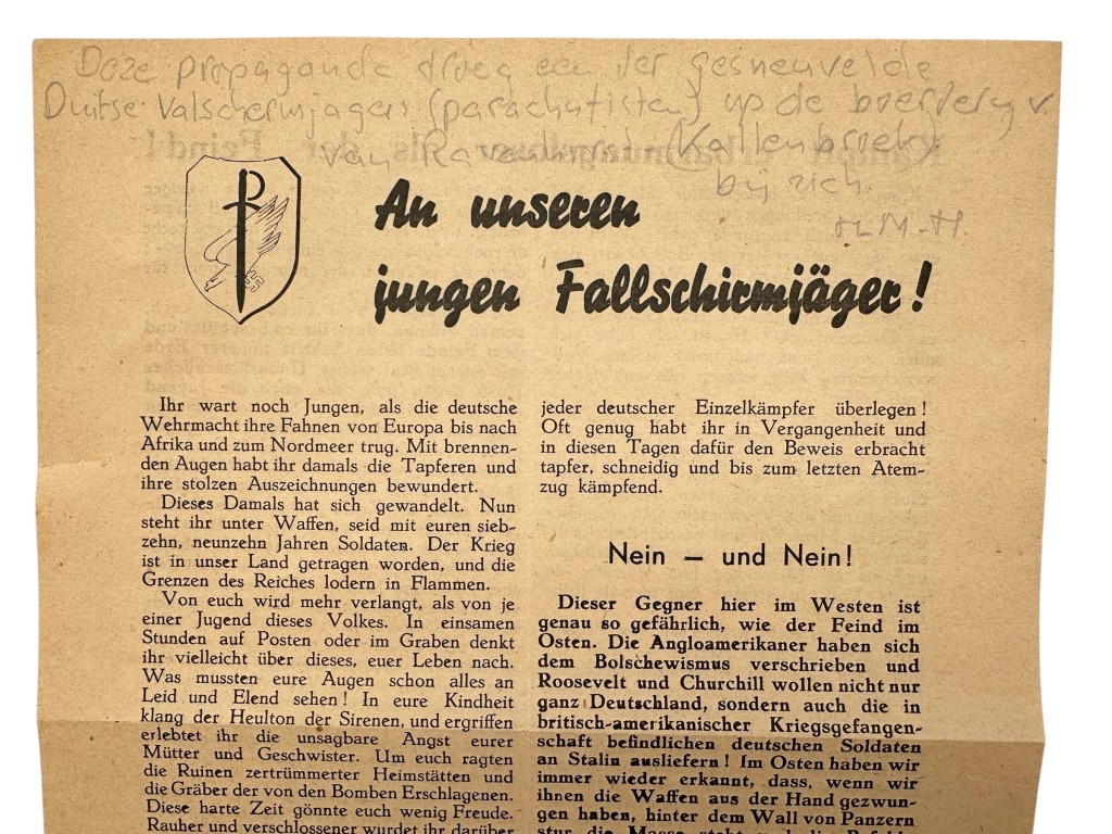 Original WWII German Fallschirmjäger propaganda flyer