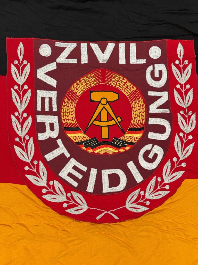 Original DDR Cold War era large Zivilverteidigung flag on pole with top and cover Erfurt