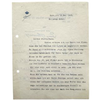 Originele handgesigneerde brief van Prins Hendrik uit 1929 aan Majoor Alt-Stutterheim vanuit Bellevue Hotel Bern over Philips Eindhoven.