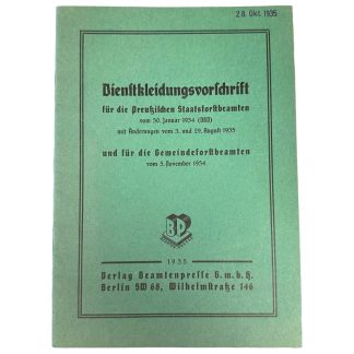 Original 1935 German 'Dienstkleidungsvorschrift' brochure for Preußische Staatsforstbeamten and Gemeindeforstbeamten Third Reich forestry uniform regulations.