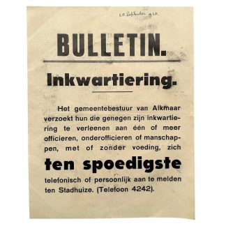 Originele Nederlandse mobilisatie poster Bulletin Inkwartiering Alkmaar 1939 A4 formaat met oproep voor inkwartiering van militairen voor verzamelaars.