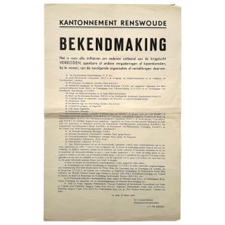Original 1940 Dutch army mobilization poster regarding membership for soldiers of political organizations NSB, NSNAP, Communistic Party