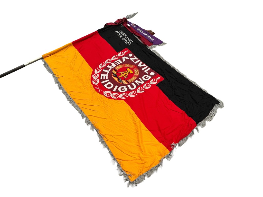 Original DDR Cold War era large Zivilverteidigung flag on pole with top and cover Erfurt - militaria