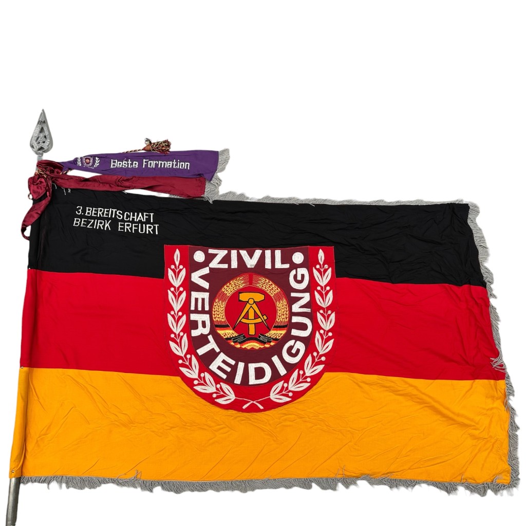 Original DDR Cold War era large Zivilverteidigung flag on pole with top and cover Erfurt
