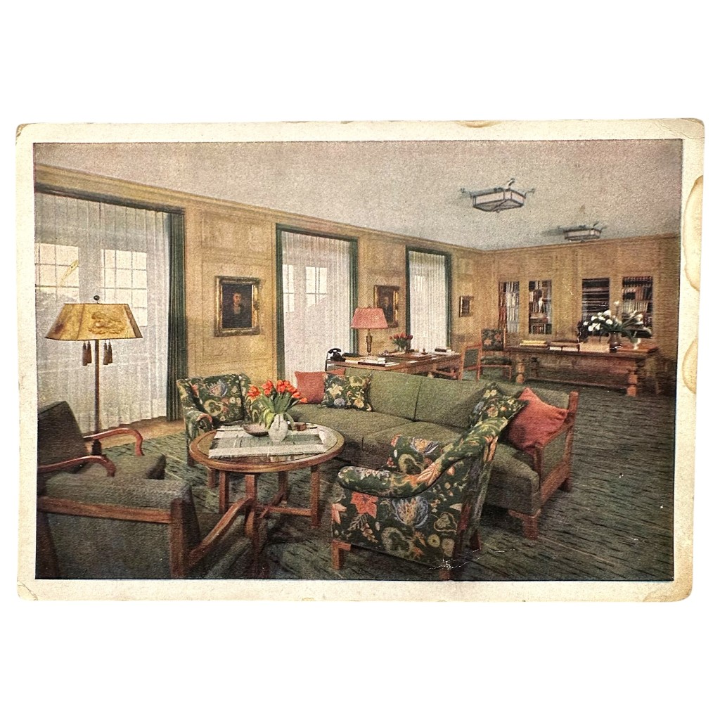 Original German postcard featuring the interior of the Führer's study at Der Berghof on the Obersalzberg