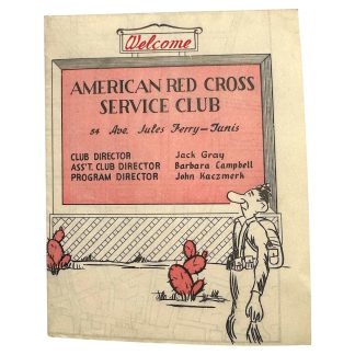 Original WWII American Red Cross Service Club brochure containing detailed information for Allied servicemen stationed in Tunis, North Africa