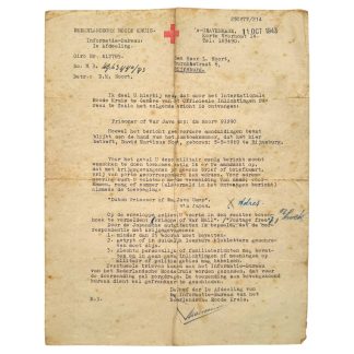 Origineel Nederlands Rode Kruis document 11 oktober 1943 over krijgsgevangene David Martinus Noort in Japans kamp op Java Tweede Wereldoorlog.